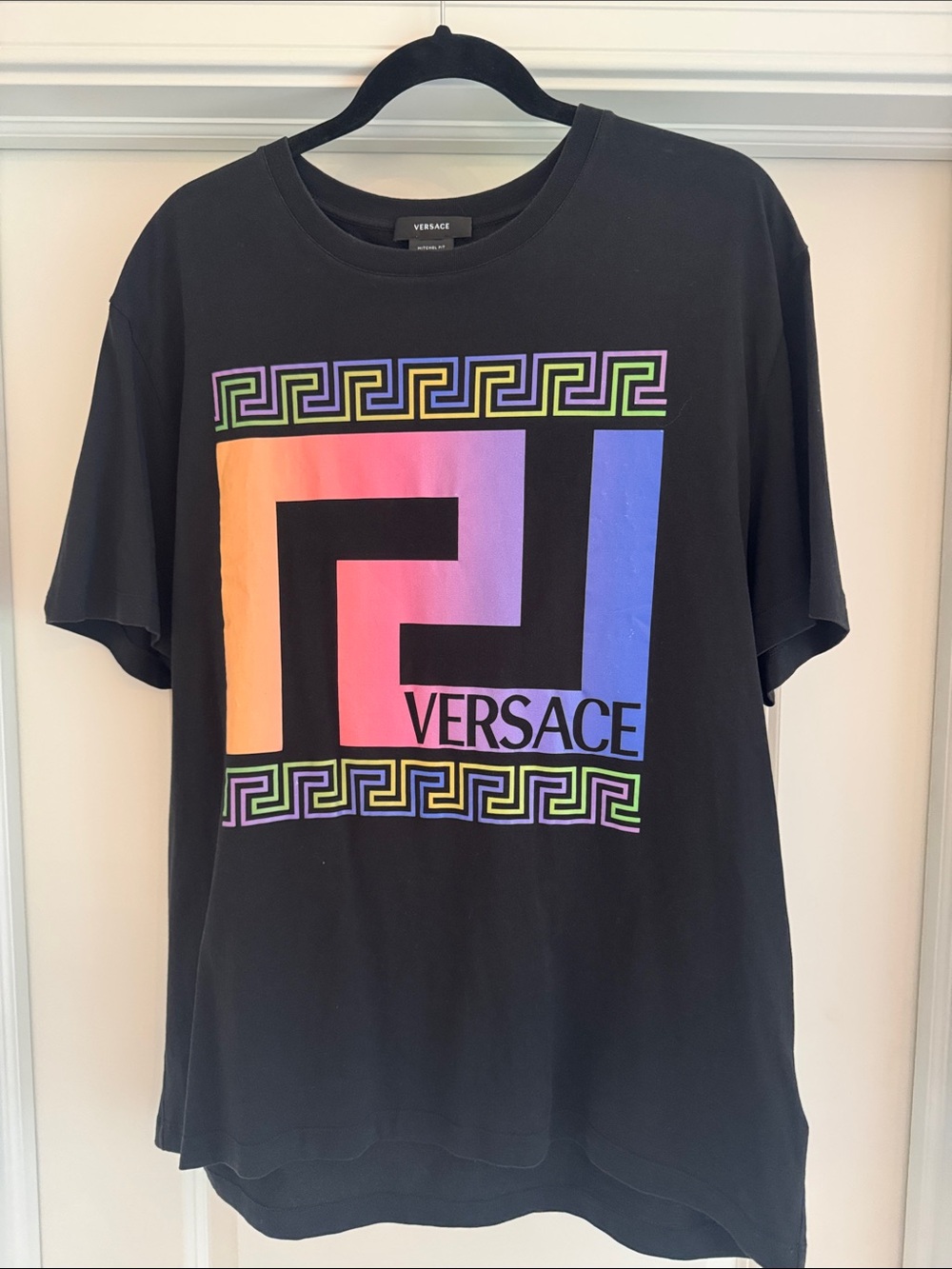 Versace Black Tee with Rainbow Gradient Logo and Neon Trim